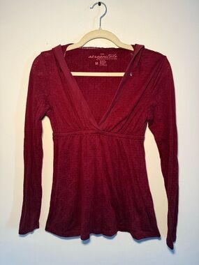 Aeropostale Women's Burgundy Hooded V-Neck Long-Sleeve Top